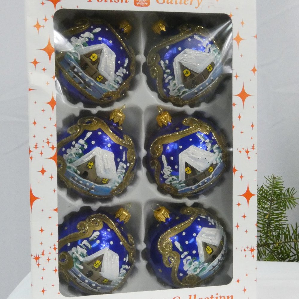 Winter Village Hand Decorated Christmas Ornament 3" Blown Glass Ball**SET OF 6**